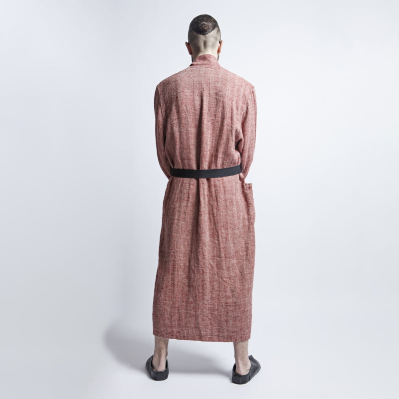 Linen Men's Bathrobe - Red Fishbone