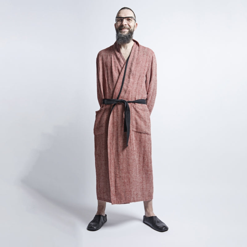 Linen Men's Bathrobe - Red Fishbone