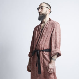 Linen Men's Bathrobe - Red Fishbone