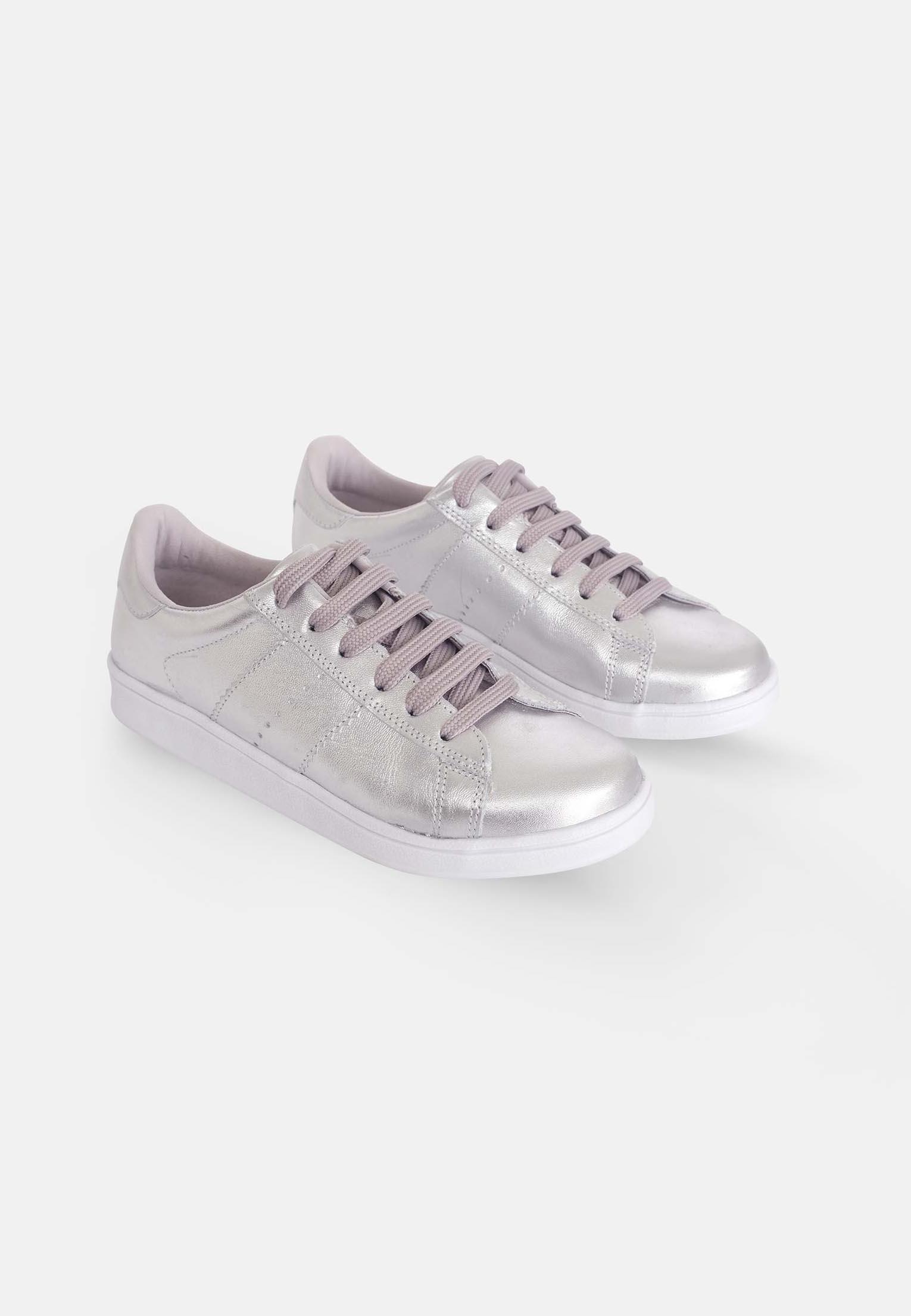 Women's Leather Sneakers - Metallic Silver